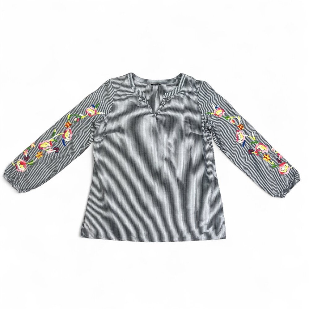 Talbots Embroidered Popover Women Size SP Floral Stripe Boho Cottagecore Peasant